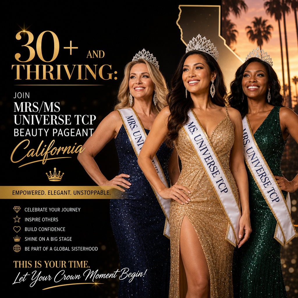 Diverse women over 30 in elegant gowns and crowns smiling at the Mrs/Ms Universe TCP Beauty Pageant California.