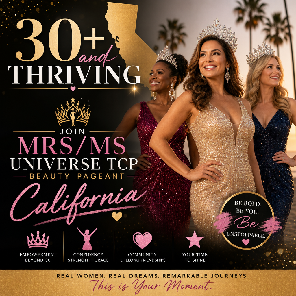 Diverse confident women in evening gowns and crowns smiling, promoting Mrs/Ms Universe TCP Beauty Pageant California for wome