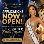 Glamorous contestant posing confidently; text announces Universe TCP Beauty Pageant California 2024 applications now open.