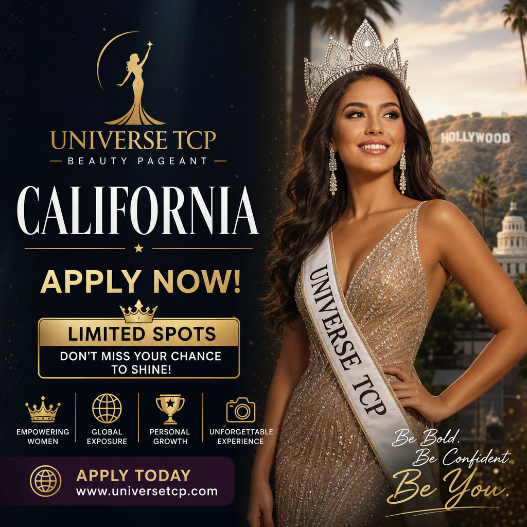 Bright, colorful poster inviting applications for the Universe TCP Beauty Pageant California with stylish fonts and decorativ
