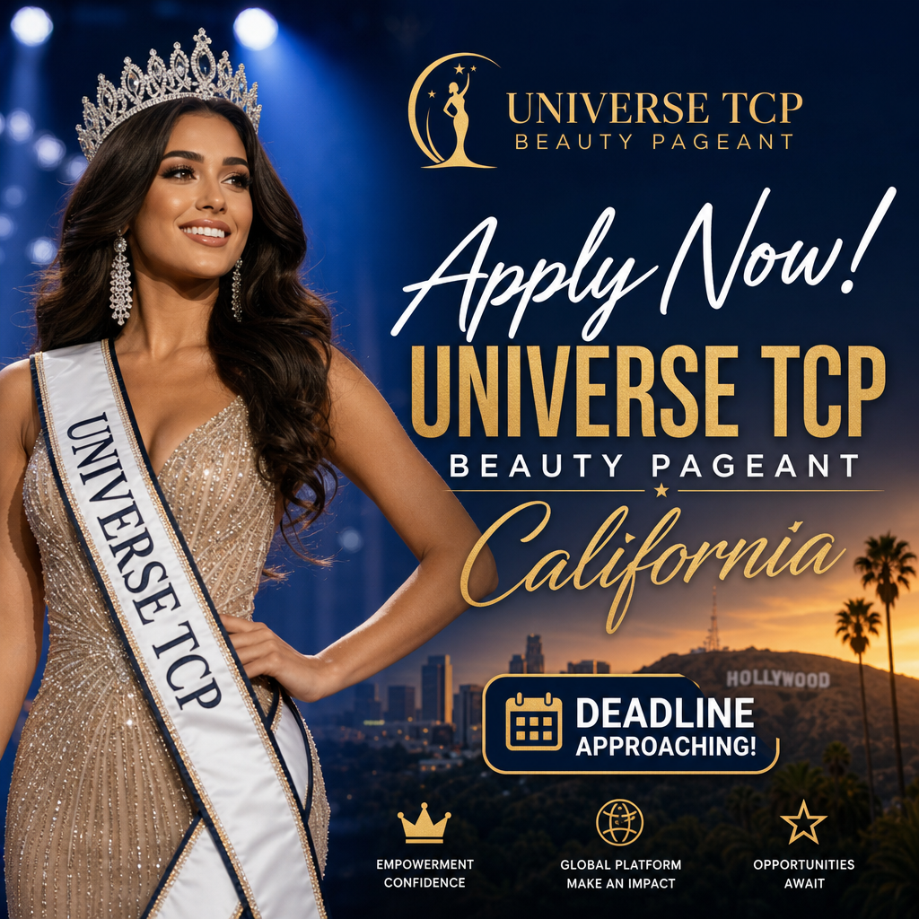 Diverse contestants smiling on stage at the Universe TCP Beauty Pageant California with deadline reminder to apply now.
