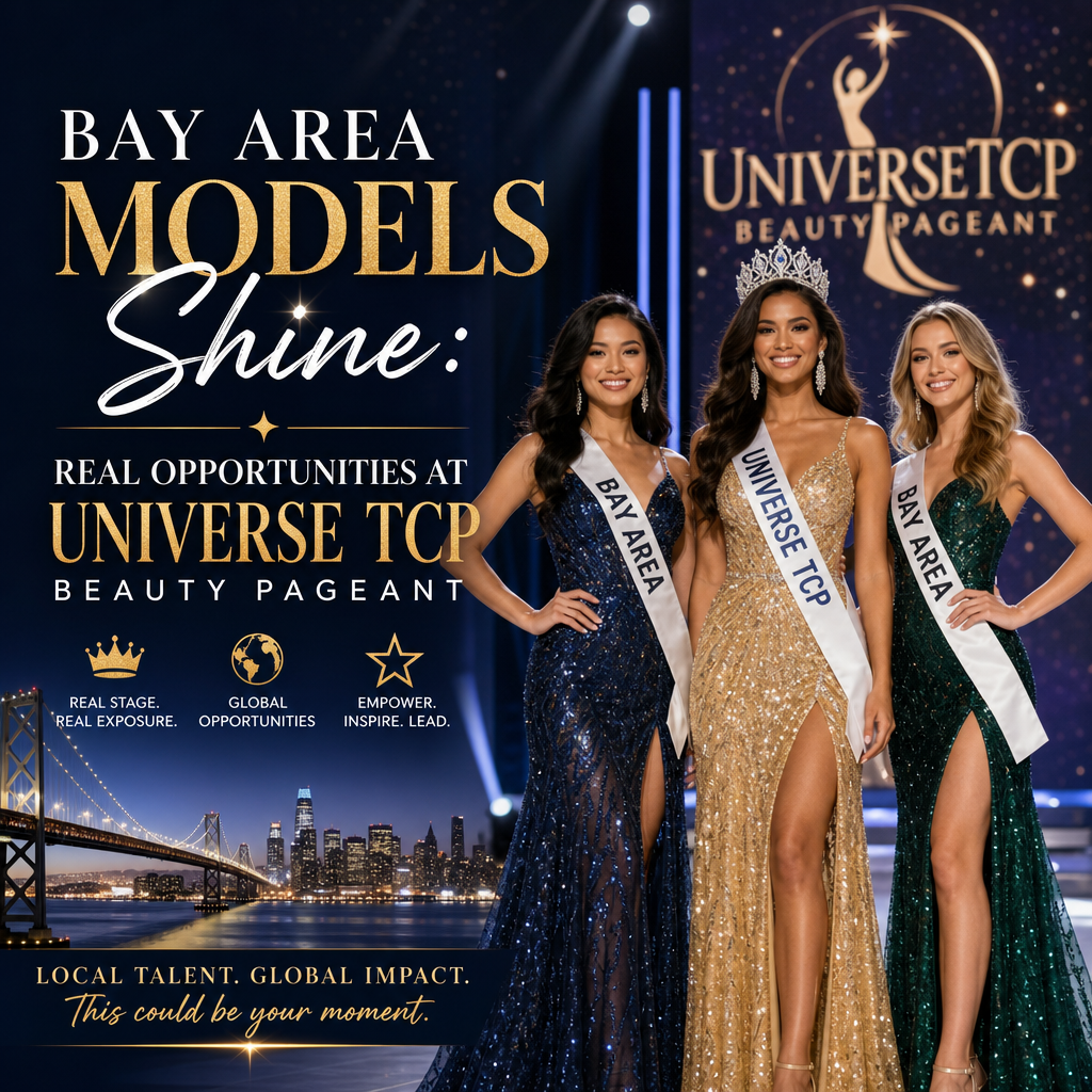 Diverse Bay Area models confidently pose on stage at Universe TCP Beauty Pageant, symbolizing opportunity and empowerment.