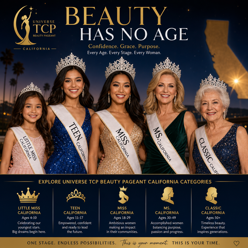 Diverse winners of the All Universe TCP Beauty Pageant California smiling confidently, representing beauty at all ages.