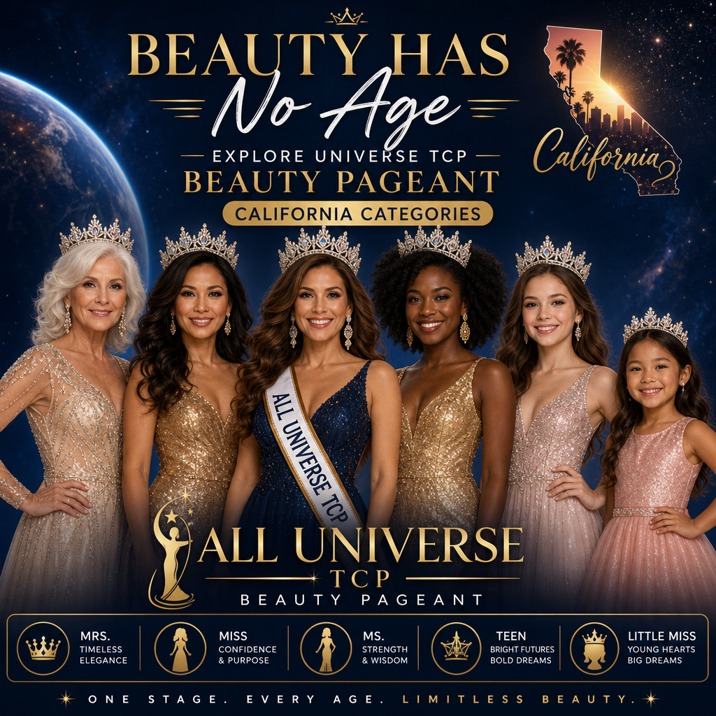Diverse winners of the All Universe TCP Beauty Pageant California, representing timeless beauty across all ages and categorie