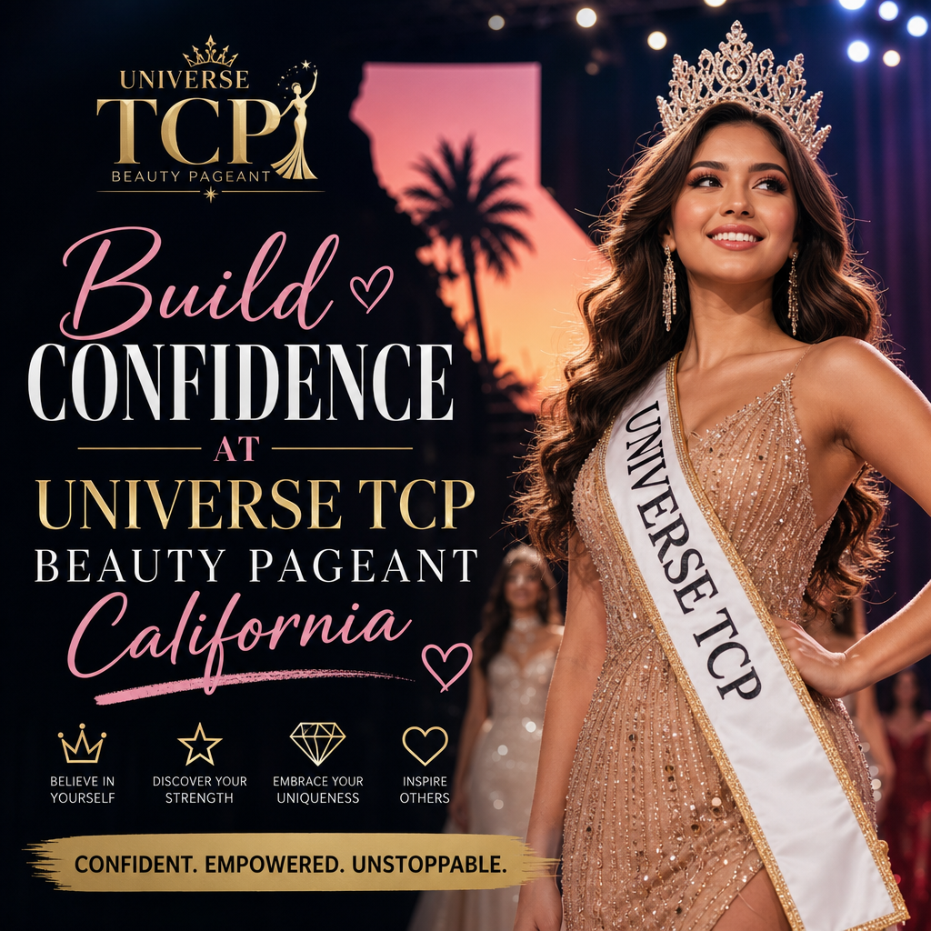 Confident beauty queen wearing crown and sash at Universe TCP Beauty Pageant California, embodying self-confidence and empowe