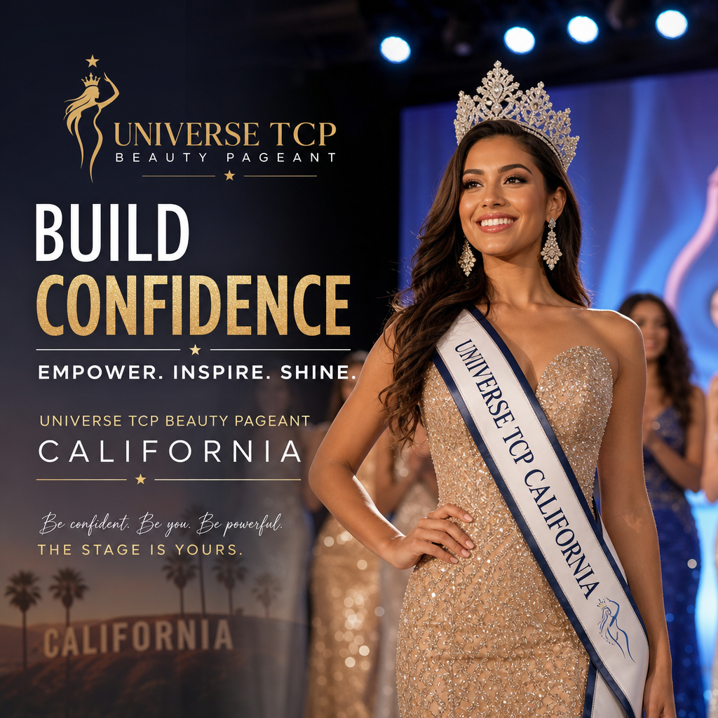 Confident beauty queen wearing crown and sash at Universe TCP Beauty Pageant California, smiling proudly on stage.