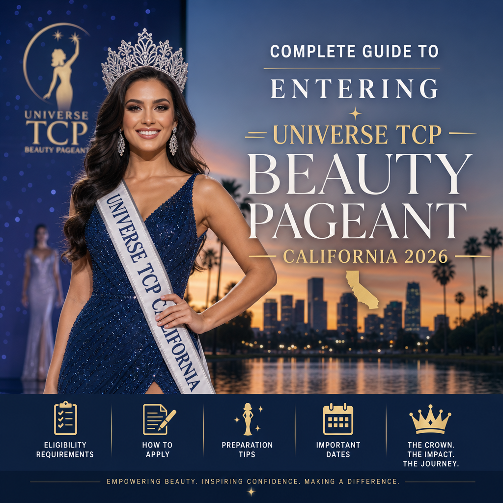 Infographic titled "Complete Guide to Entering Universe TCP Beauty Pageant California 2026" with eligibility and preparation