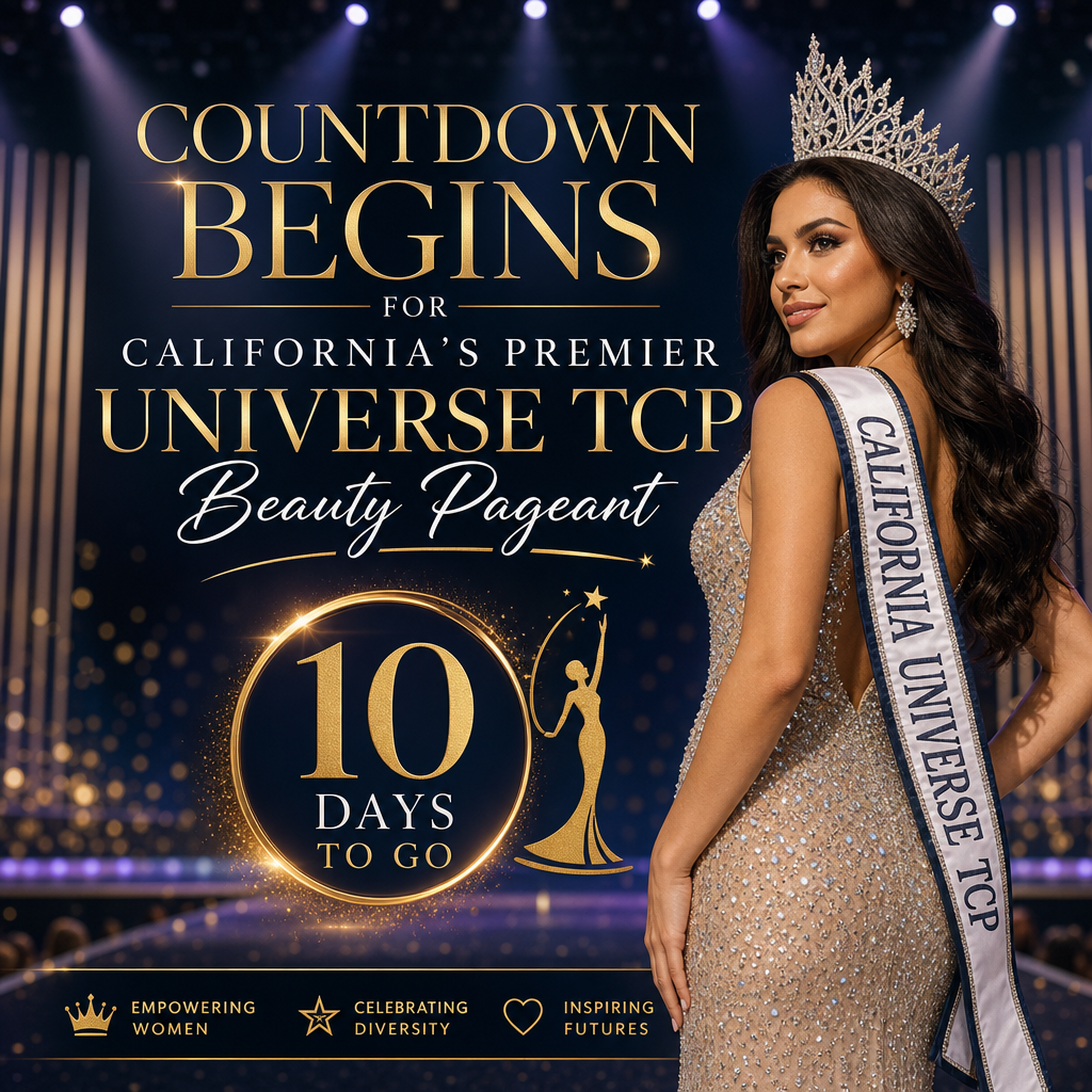 Digital countdown timer showing 10 days left for California’s premier Universe TCP Beauty Pageant event.