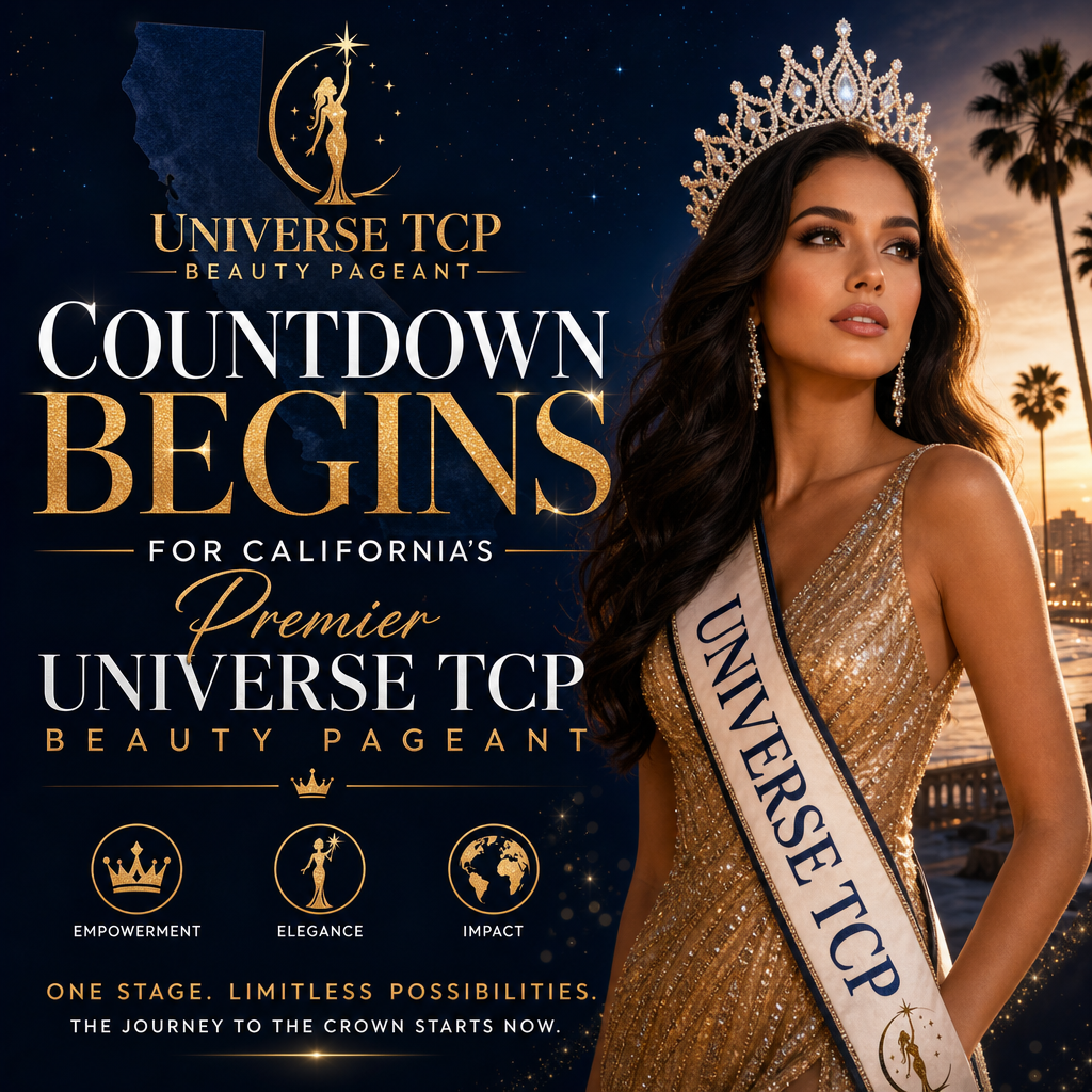 Diverse contestants pose confidently onstage at California’s Universe TCP Beauty Pageant countdown event.