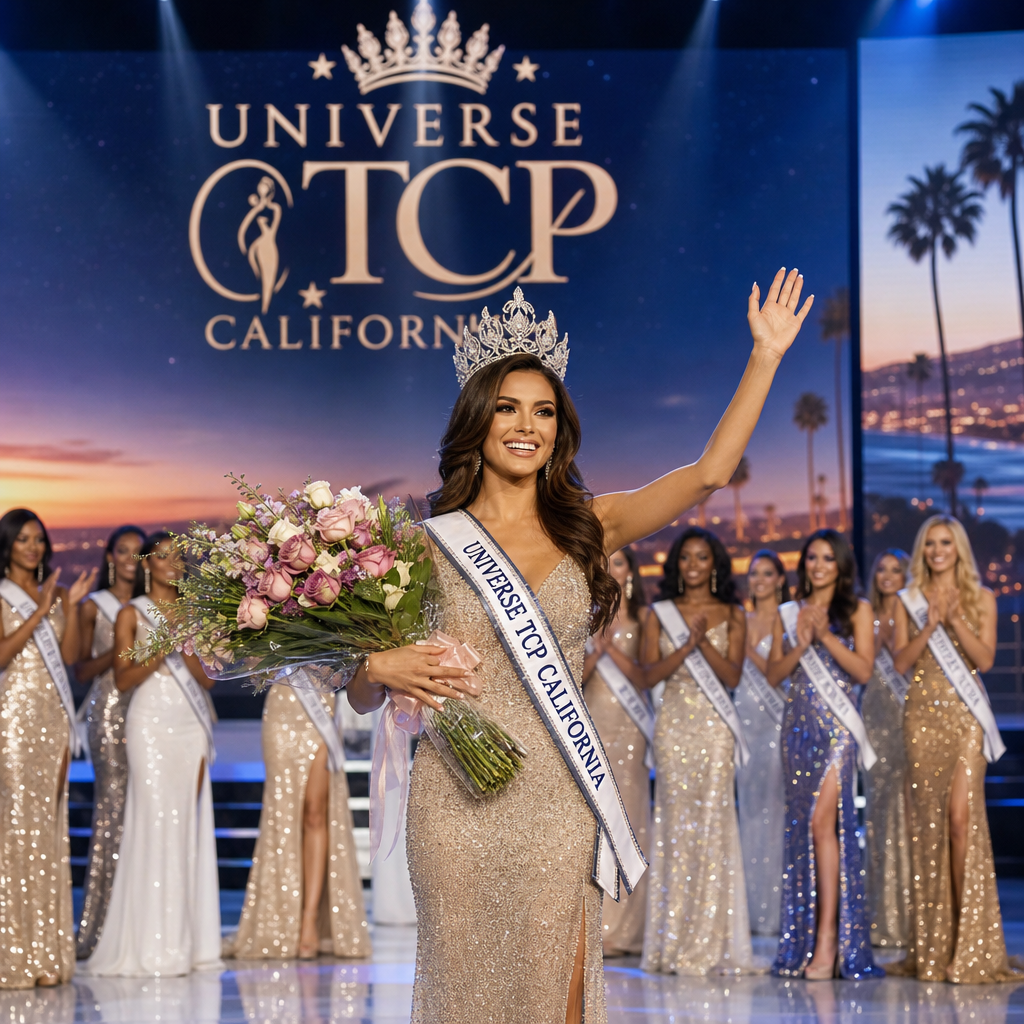 Winner of the Universe TCP California beauty pageant crowned on stage, holding bouquet and wearing sash.