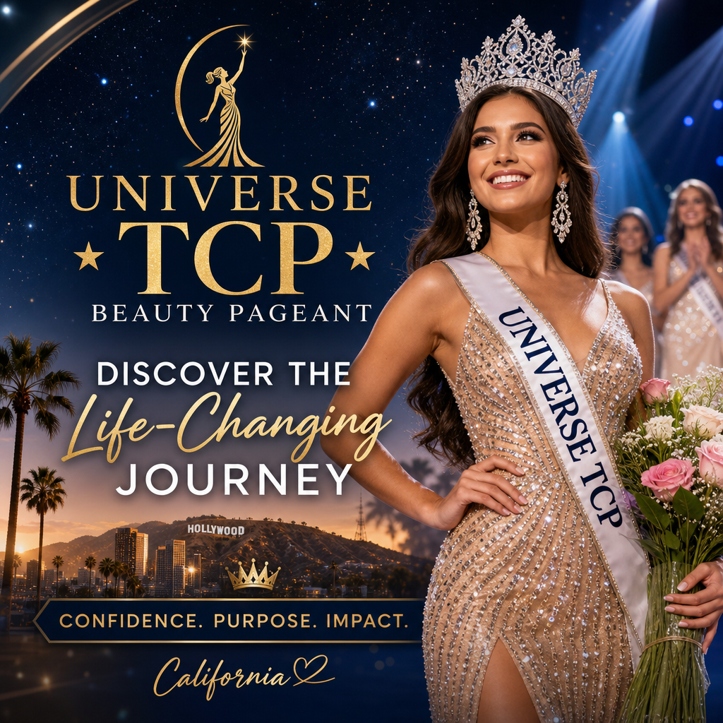Beauty queen wearing crown and sash at the Universe TCP Beauty Pageant in California, smiling confidently.