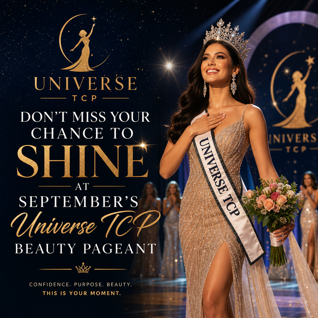 Confident woman in elegant gown smiling, promoting September’s Universe TCP Beauty Pageant to shine with grace and talent.