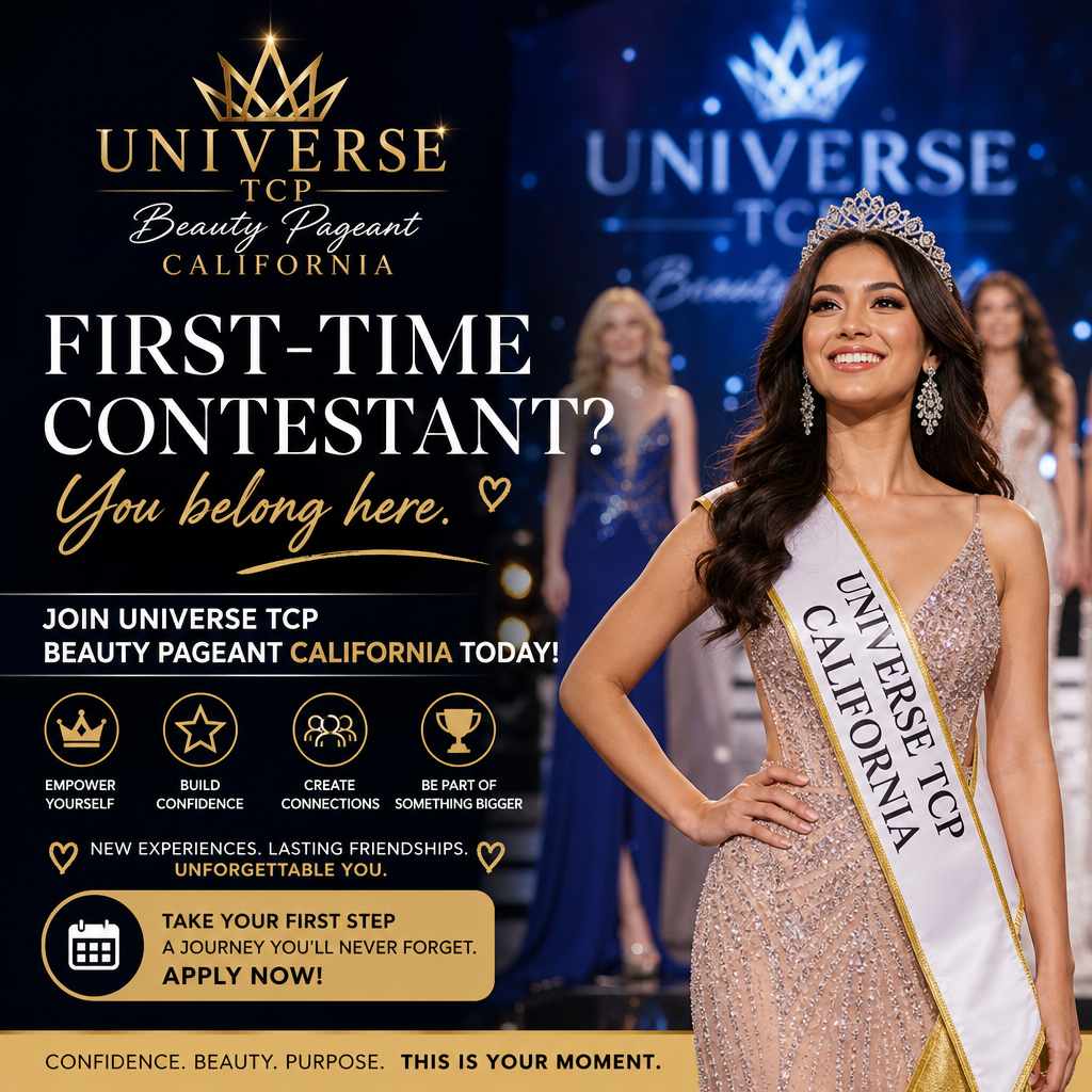 Smiling crowned winner inviting first-time contestants to join Universe TCP Beauty Pageant California.