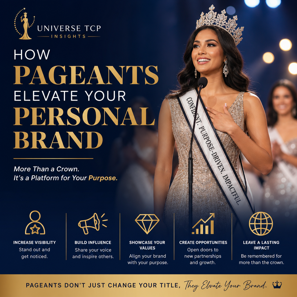 A beauty pageant winner proudly holding a crown, symbolizing how pageants elevate personal branding and confidence.