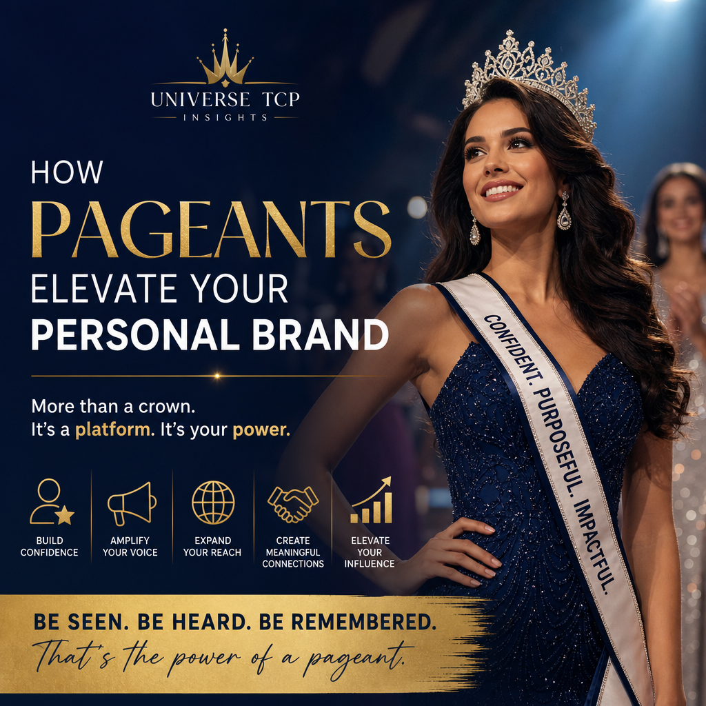 Confident beauty queen wearing crown and sash, symbolizing personal brand elevation through pageants.
