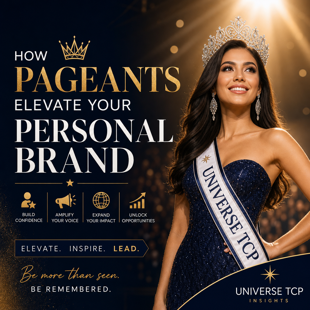 Confident beauty queen in a sparkling gown and crown symbolizes personal brand elevation through pageants.