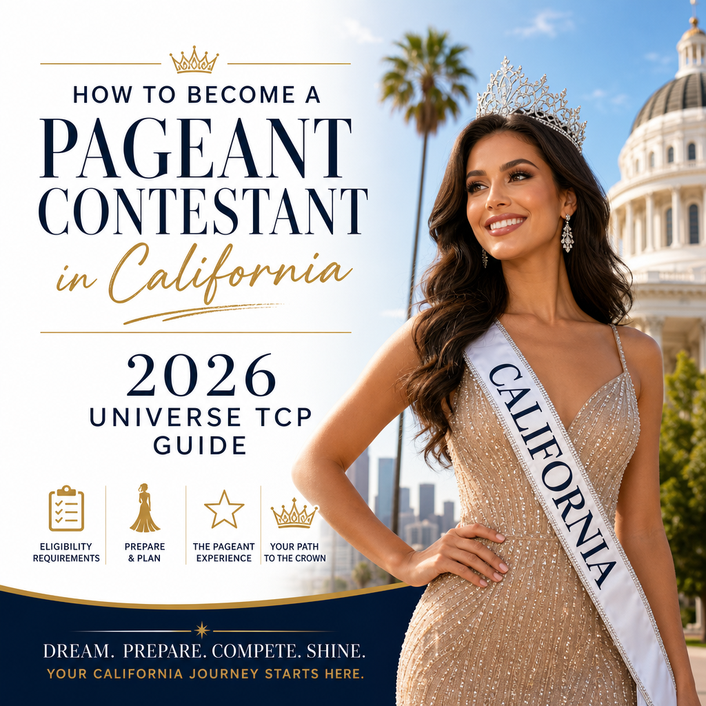 Step-by-step infographic guide on becoming a contestant for the 2026 Universe TCP Beauty Pageant in California.