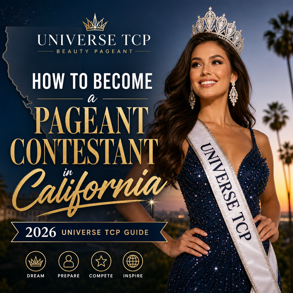 Illustration of a confident woman contestant with crown and sash, holding a guidebook titled "2026 Universe TCP Beauty Pagean
