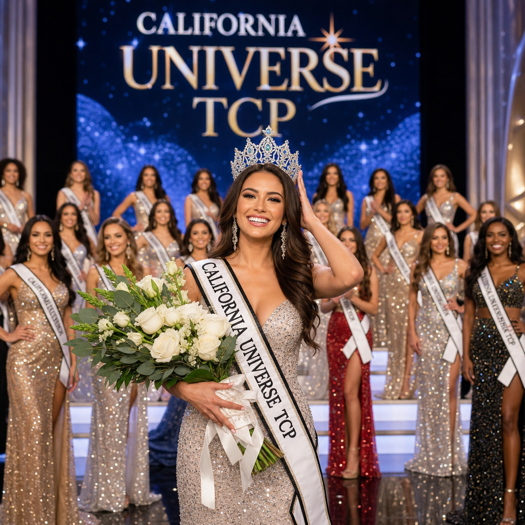 Winner crowned on stage at California Universe TCP Beauty Pageant with contestants applauding in the background.