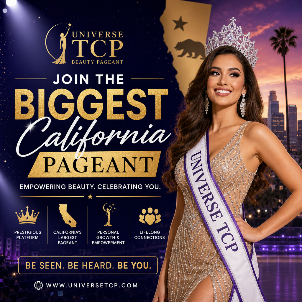 Smiling diverse women in elegant gowns with sashes at the Universe TCP Beauty Pageant, California's biggest event.