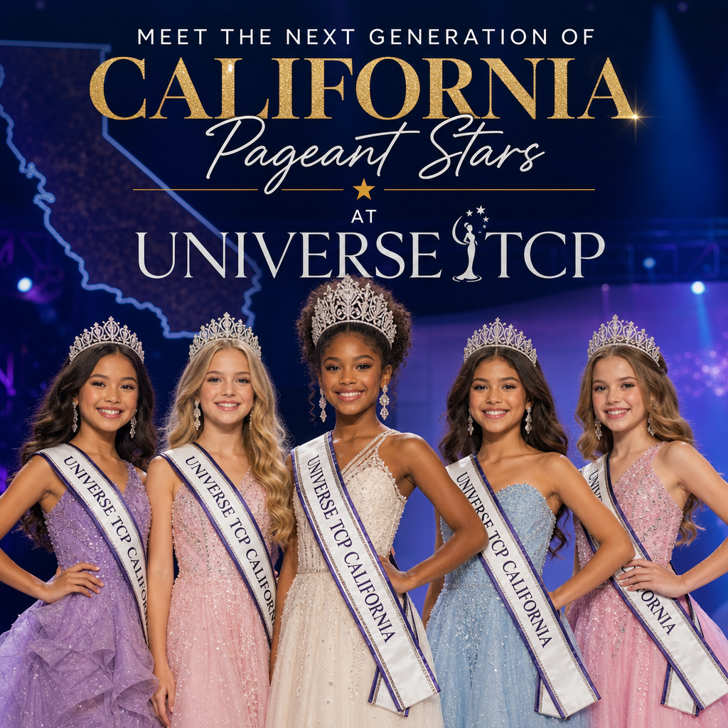 California pageant winners in elegant gowns and crowns posing proudly at the Universe TCP Beauty Pageant event.
