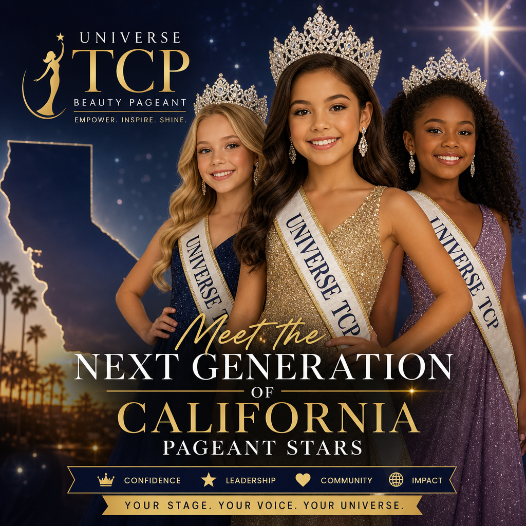 Young California beauty pageant winners smiling and posing proudly at the Universe TCP Beauty Pageant event.