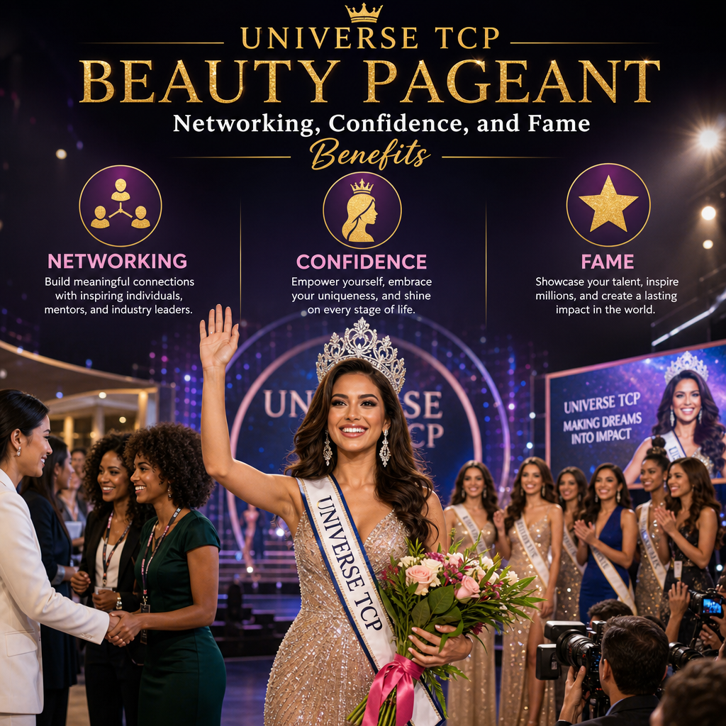 Winner of the Universe TCP Beauty Pageant smiling and holding a trophy, celebrating confidence, networking, and fame benefits