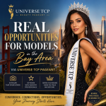 Contestants proudly posing on stage at the Universe TCP Beauty Pageant promoting modeling opportunities in the Bay Area.