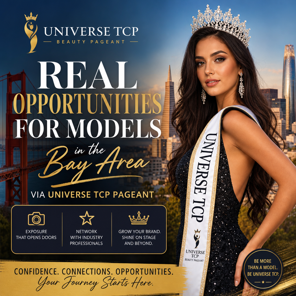 Contestants proudly posing on stage at the Universe TCP Beauty Pageant promoting modeling opportunities in the Bay Area.
