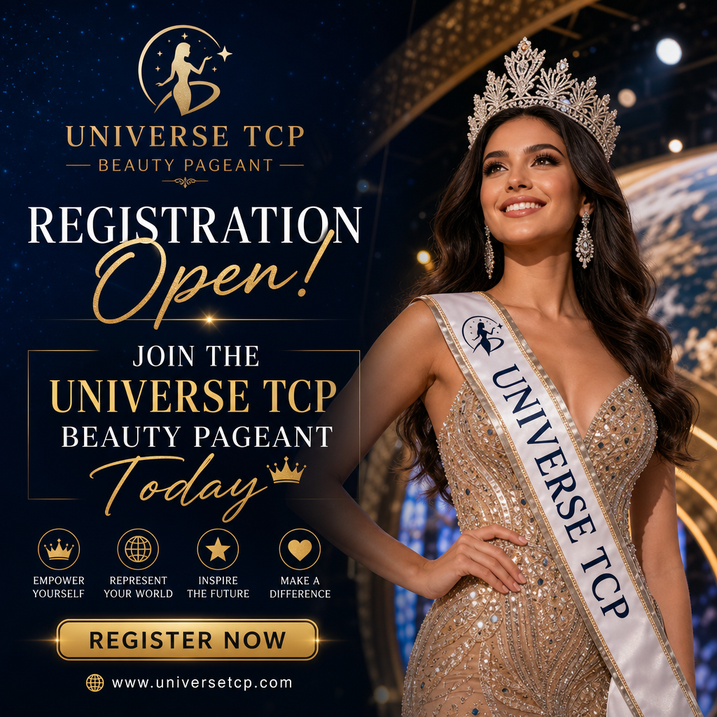 Diverse contestants smiling confidently on stage with sparkling gowns at Universe TCP Beauty Pageant registration event.