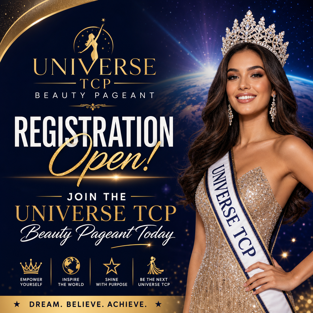 A crowned contestant smiling confidently with text announcing registration open for the Universe TCP Beauty Pageant.