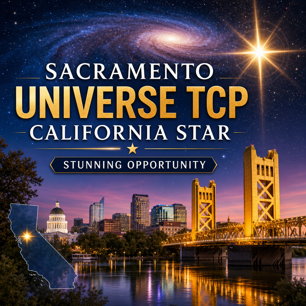 Sacramento skyline with glowing star and galaxy backdrop promoting Universe TCP California Star opportunity