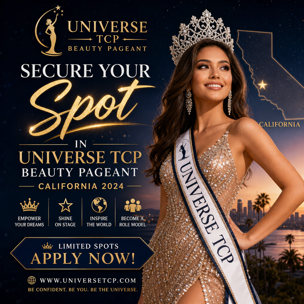 Advertisement for Universe TCP Beauty Pageant California 2024 encouraging talented individuals to apply and showcase confiden