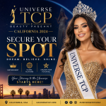 Woman in a gold dress and crown promoting contestant registration for Universe TCP Beauty Pageant California 2024.