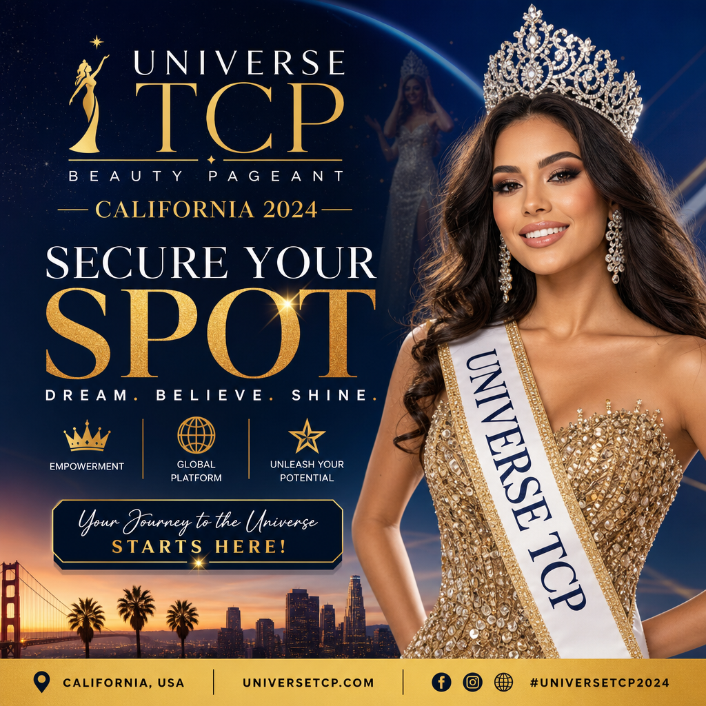 Woman in a gold dress and crown promoting contestant registration for Universe TCP Beauty Pageant California 2024.