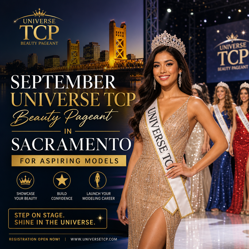 Aspiring models on stage at the September Universe TCP Beauty Pageant in Sacramento showcasing talent and confidence.