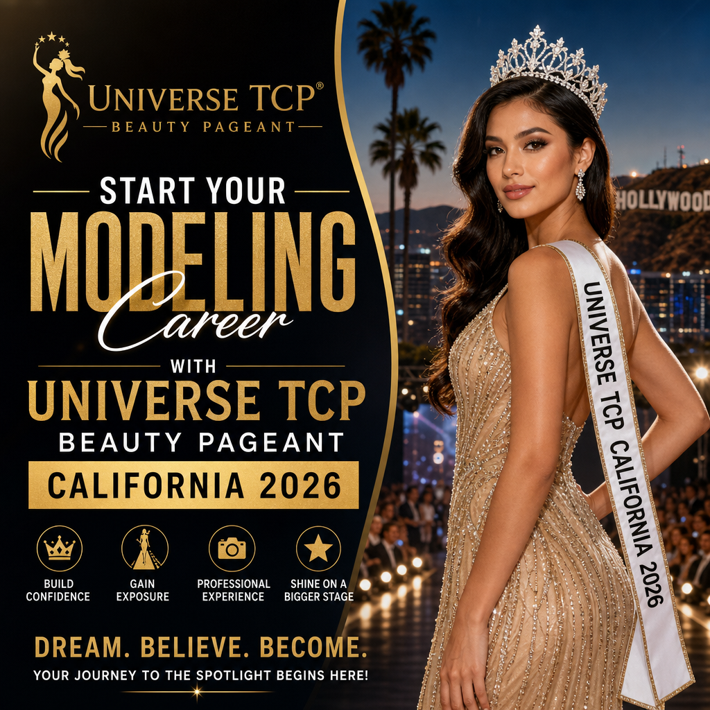 Confident female model posing with crown and sash for Universe TCP Beauty Pageant California 2026 promotion.