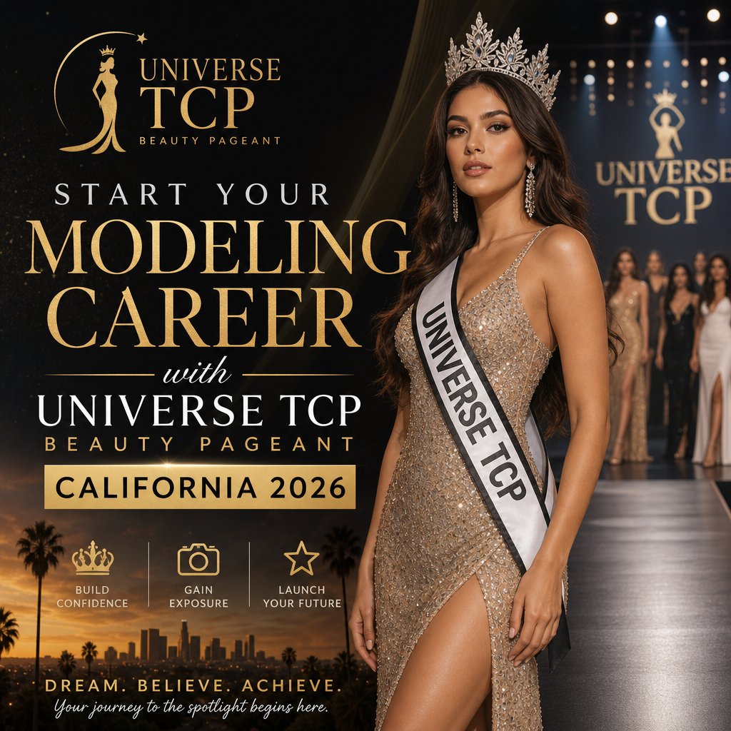 Female beauty pageant contestant wearing crown and sash on stage promoting Universe TCP Beauty Pageant California 2026.