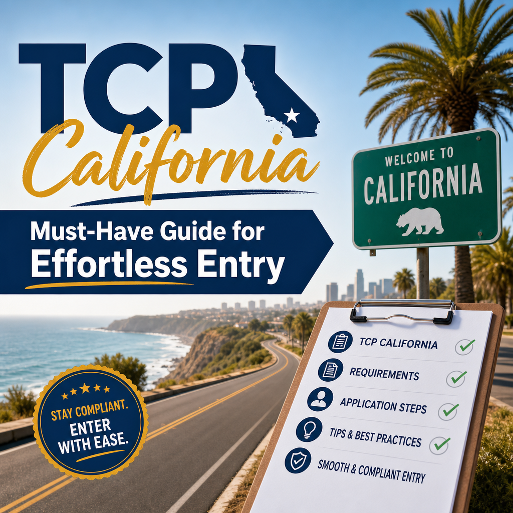 Illustrated guide to TCP California entry, with compliance checklist and California map icon