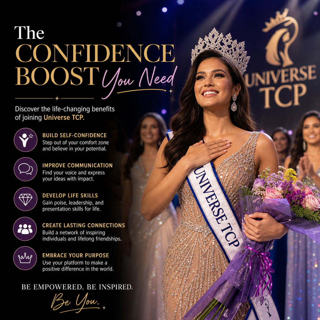 Confident beauty queen crowned at Universe TCP Beauty Pageant, celebrating self-confidence, leadership, and authentic express