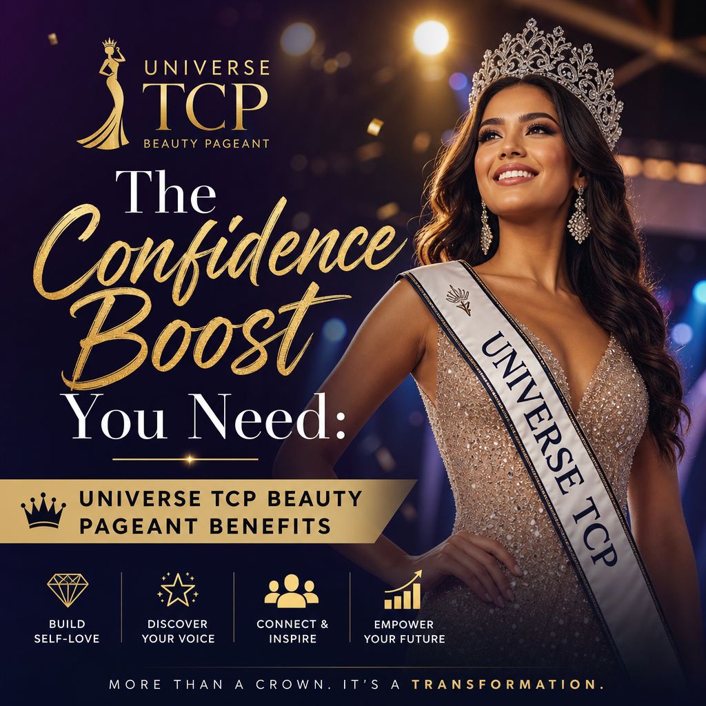 Confident beauty queen wearing crown and sash, smiling proudly at Universe TCP Beauty Pageant event.