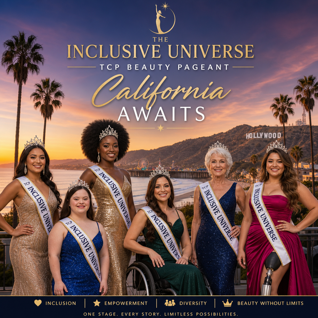 Diverse Universe TCP Beauty Pageant winners pose at sunset with California coastline and Hollywood sign in the background.