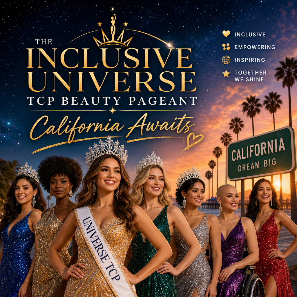 Diverse group of contestants smiling and posing at The Inclusive Universe TCP Beauty Pageant in California.