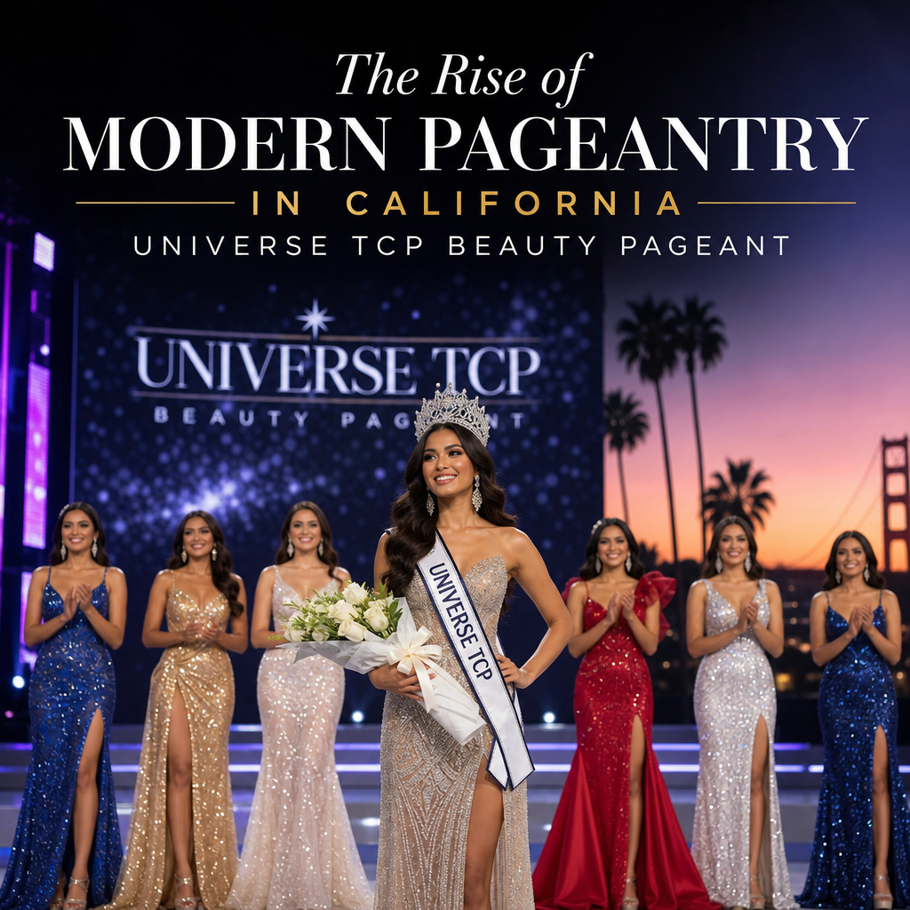 Miss Universe TCP Beauty Pageant winner crowned on stage with contestants in evening gowns at modern pageantry event in Calif