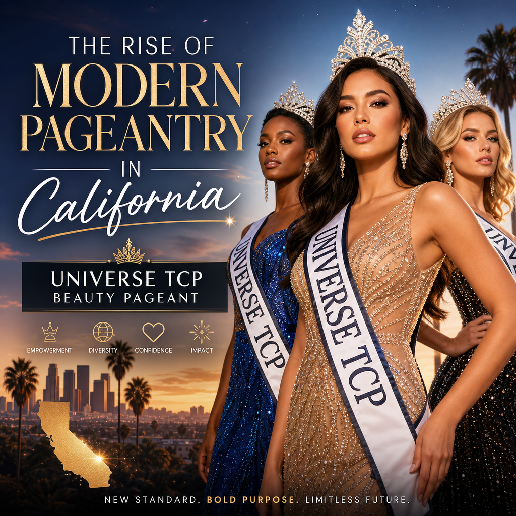 Three crowned beauty queens in elegant gowns celebrate modern pageantry in California at the Universe TCP Beauty Pageant.