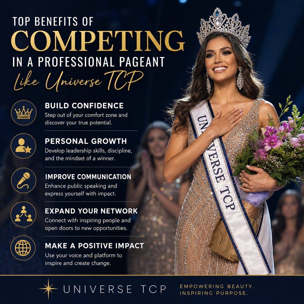 Infographic highlighting key benefits of competing in the Universe TCP Beauty Pageant, including confidence and networking.