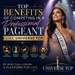 Infographic highlighting top benefits of competing in Universe TCP Beauty Pageant: confidence, growth, leadership, networking