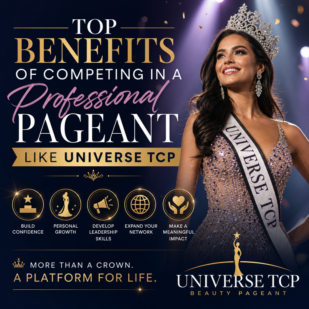 Infographic highlighting top benefits of competing in Universe TCP Beauty Pageant: confidence, growth, leadership, networking