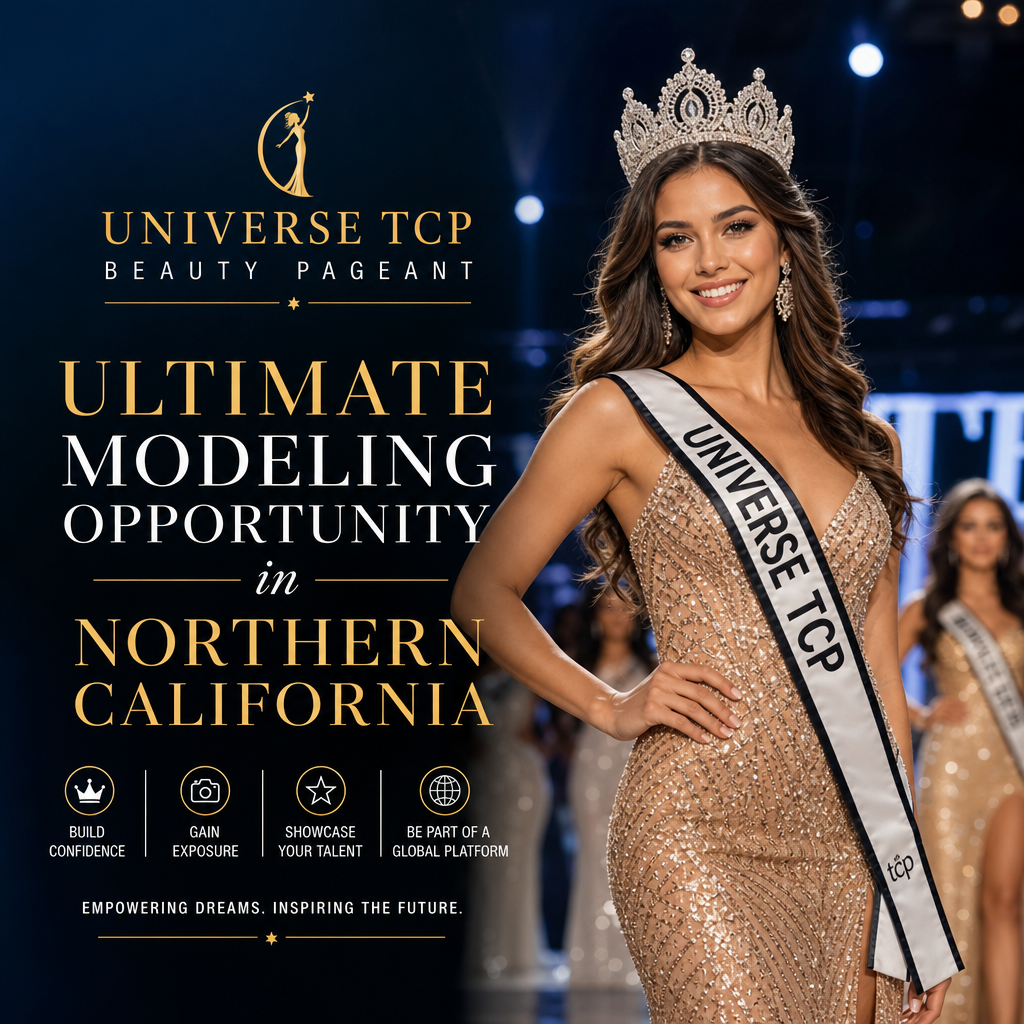 Beauty pageant contestant smiling on stage promoting the Universe TCP Beauty Pageant in Northern California.