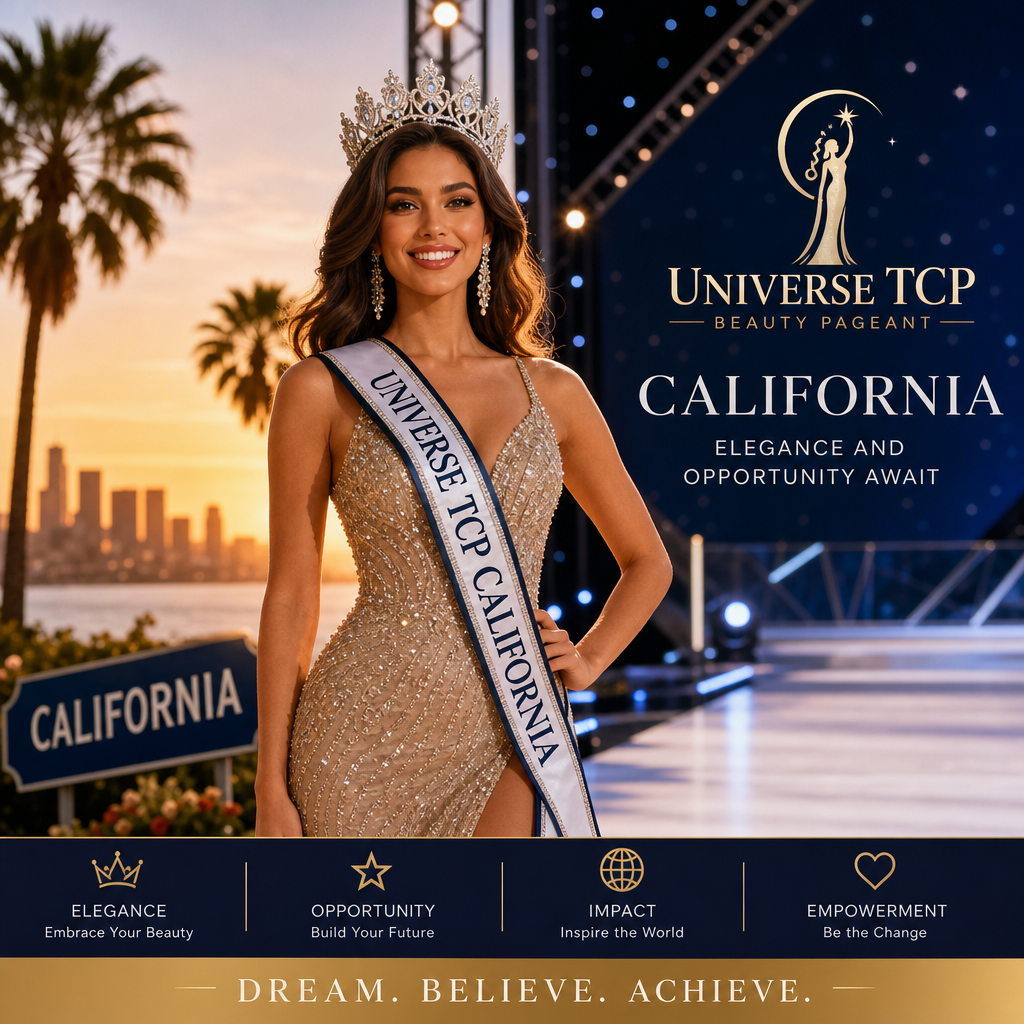 Miss Universe TCP California contestant in a stunning gown, embodying elegance, beauty, and empowerment at the pageant.